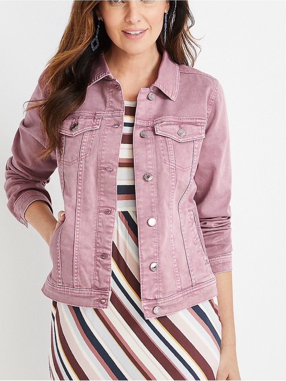 Maurices Blush Pink Denim Jacket Collared Button Front Girly Medium Women’s